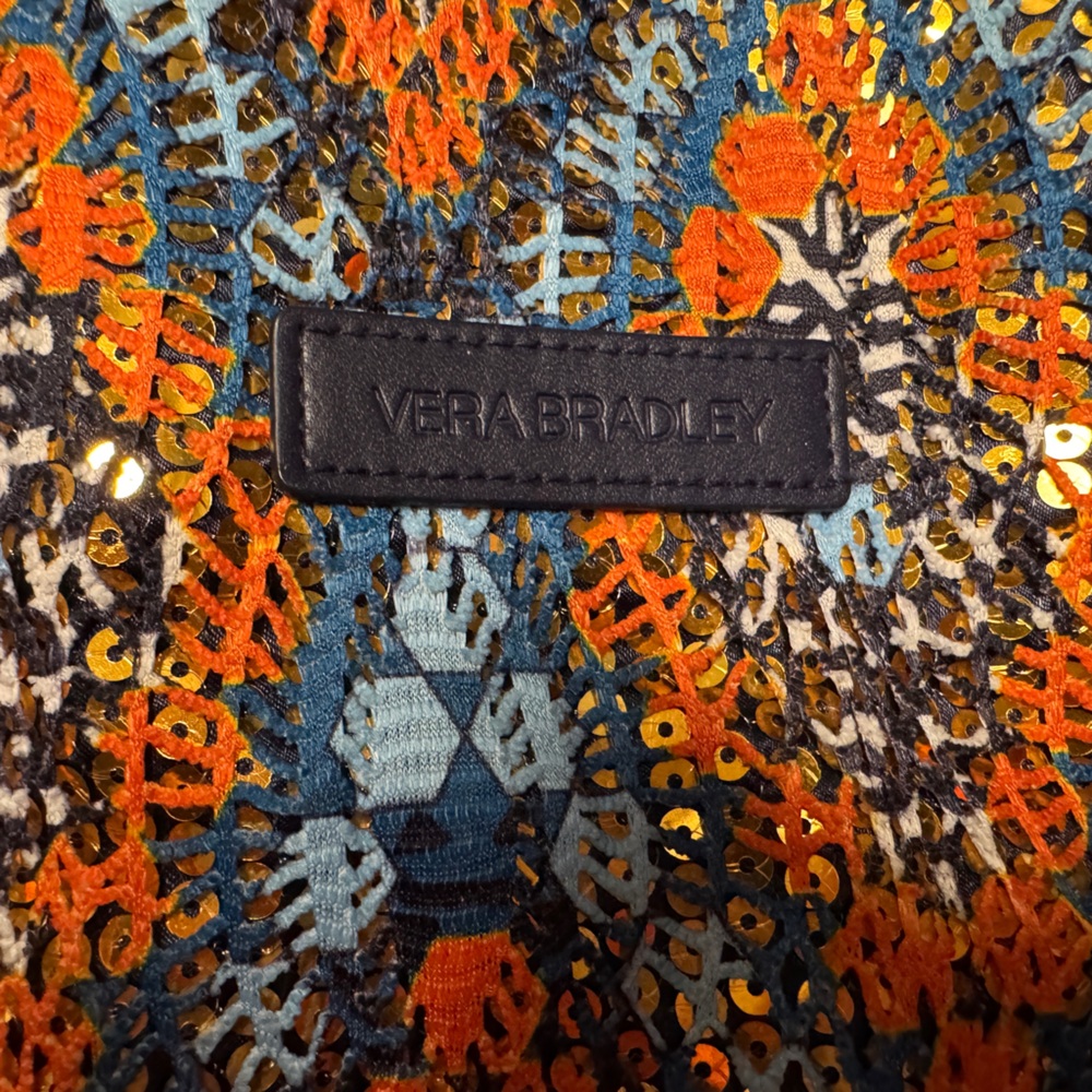 Vera Bradly Blue Orange Gold Sequin Geometric Tweed Large Double Handle Handbag